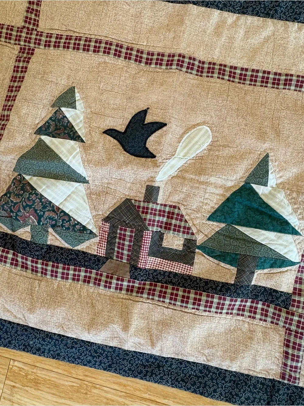 Patchwork Log Cabin Fisherman’s Wharf Applique Fish Forest Vintage Quilt 93”x84”